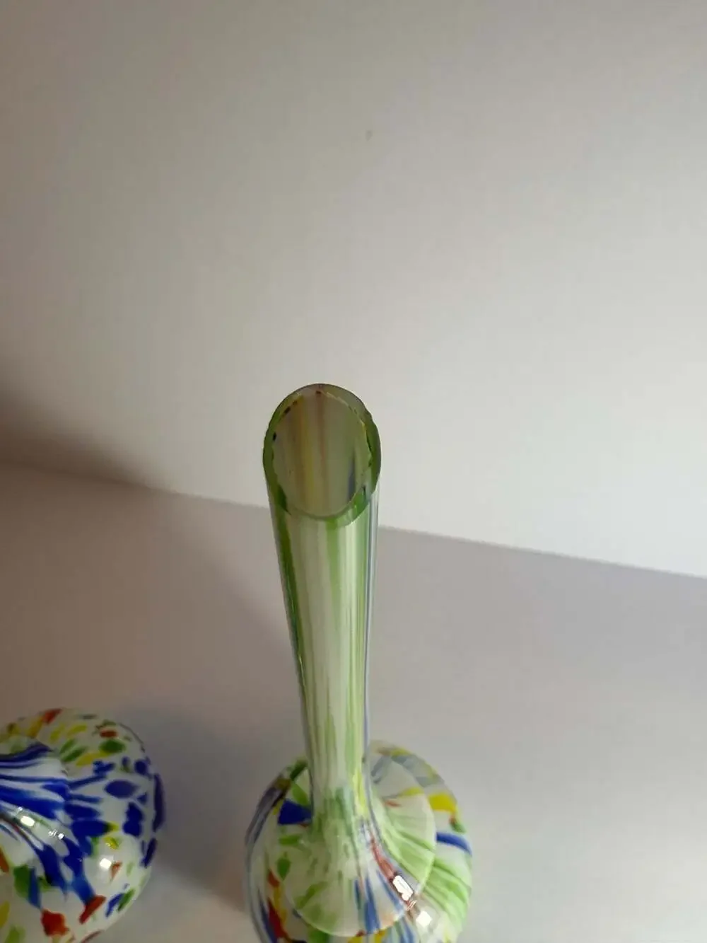 Vintage Hand Blown Glass Long Neck Bulb Vases Multi Color Confetti Ribbon Pair